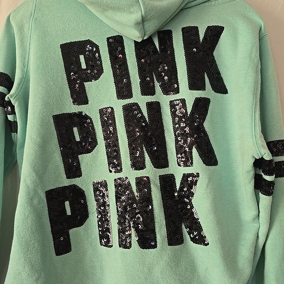 Victoria's Secret Pink Sequin Bling Perfect Zip Hoodie Aqua Sz L Y2K 90s Vibes - Picture 8 of 16